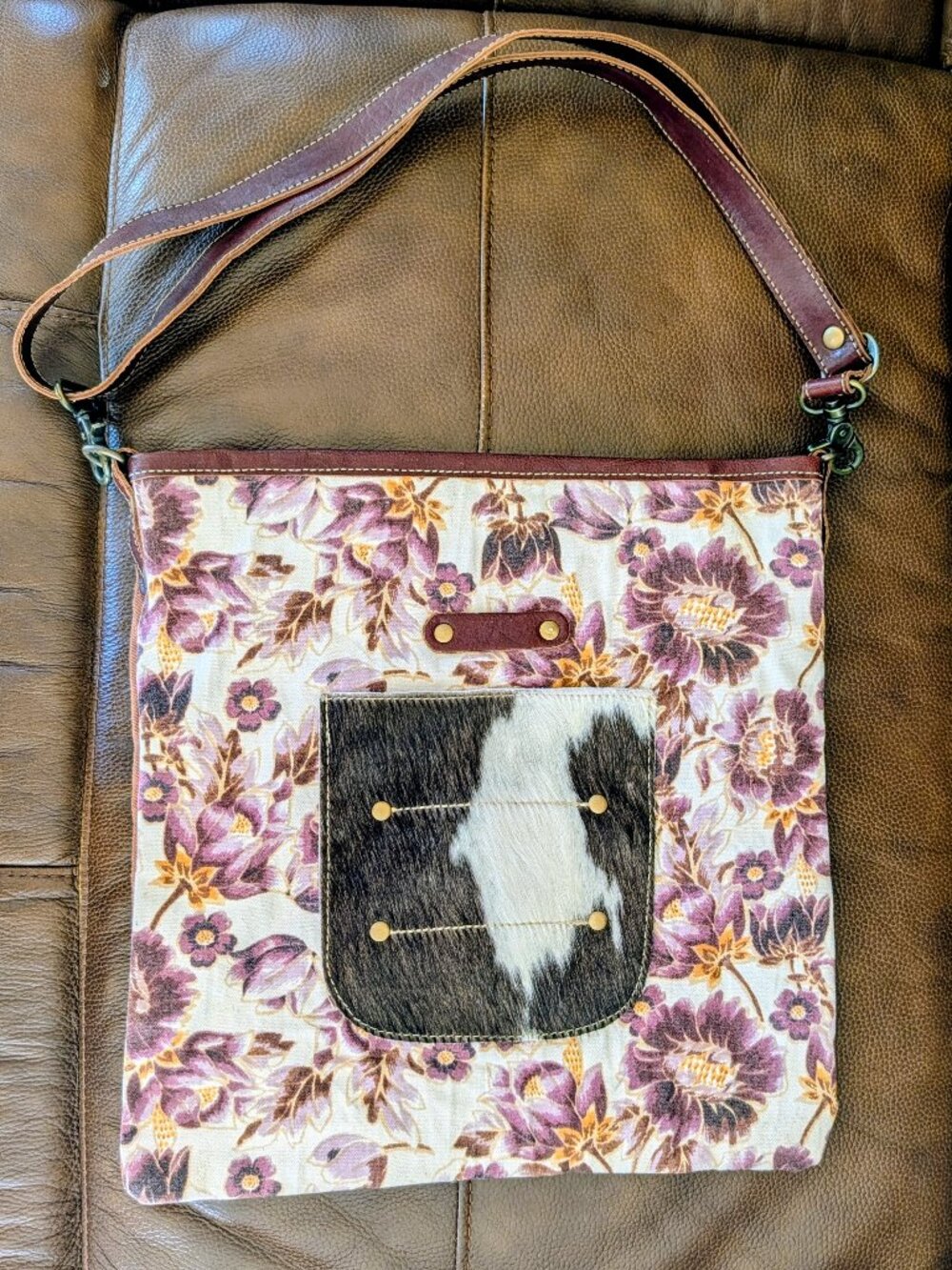 Myra Bag Cowhide Leather & Canvas Crossbody Purse Handbag Western Boho